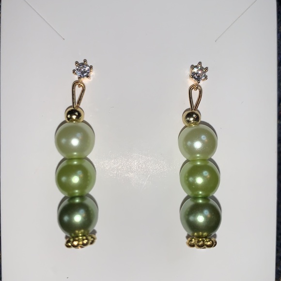 Hand Crafted Faux Green Pearl Dangle Cubic Zirconia Stud Post Earrings - Picture 5 of 9